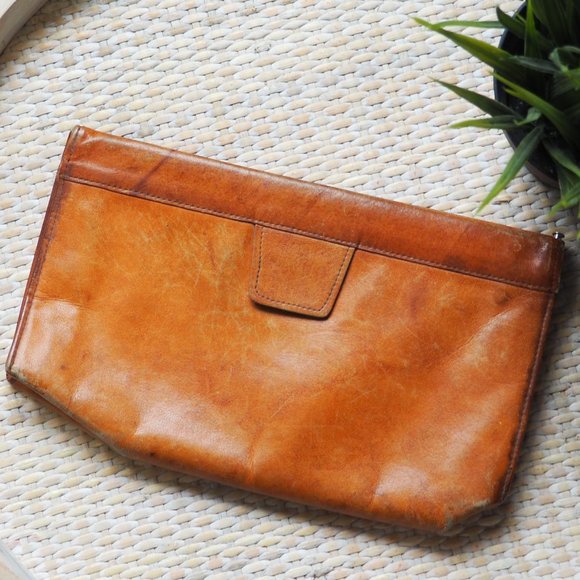 Vintage Leather Clutch Tan Small Purse Evening - Picture 5 of 16